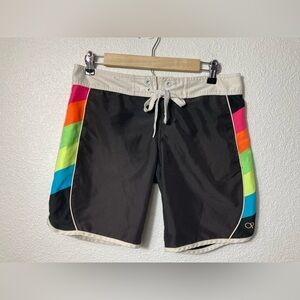 OP Ocean Pacific retro rainbow striped black Womens board shorts Small 3/5